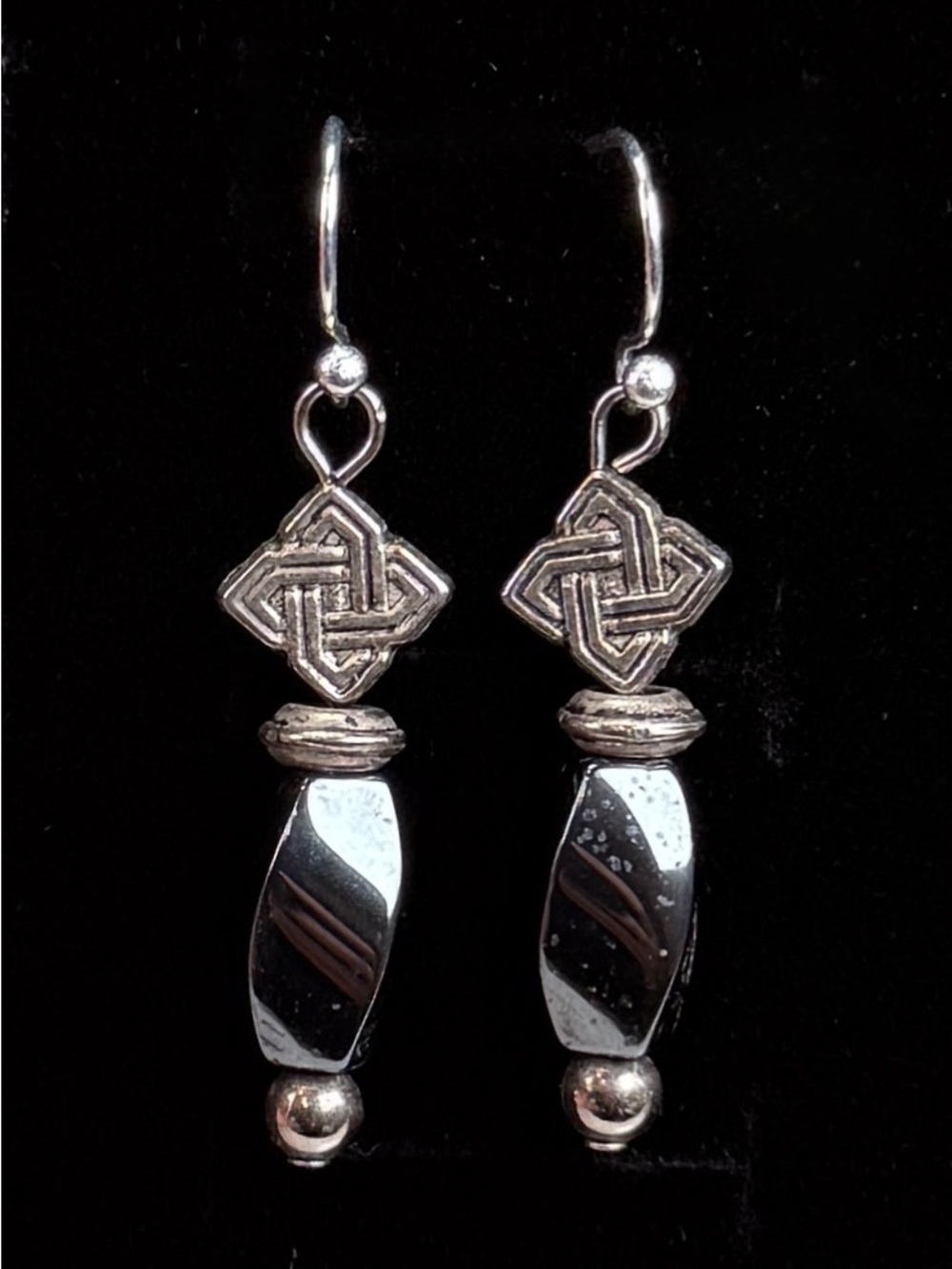 Vintage aged Silvertone Geometric hematite pierced Drop Earrings